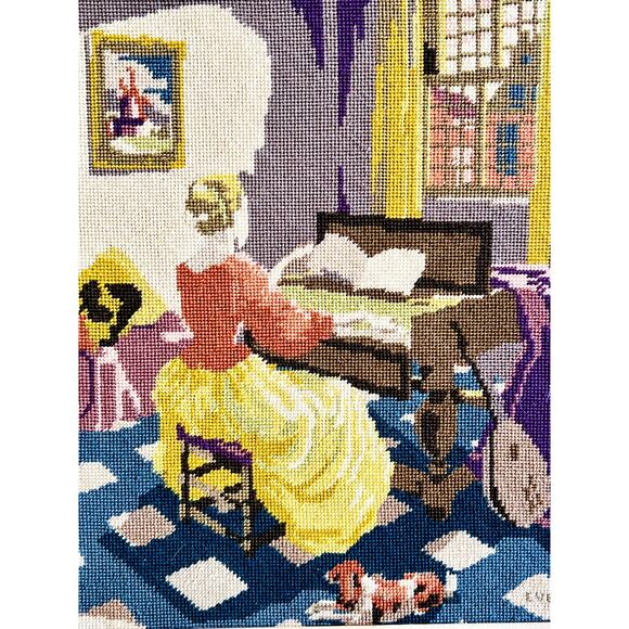 Vintage Needlepoint-Woman at Piano-Framed-Penelope Dutch-Music Room-Victorian - Picture 2 of 7